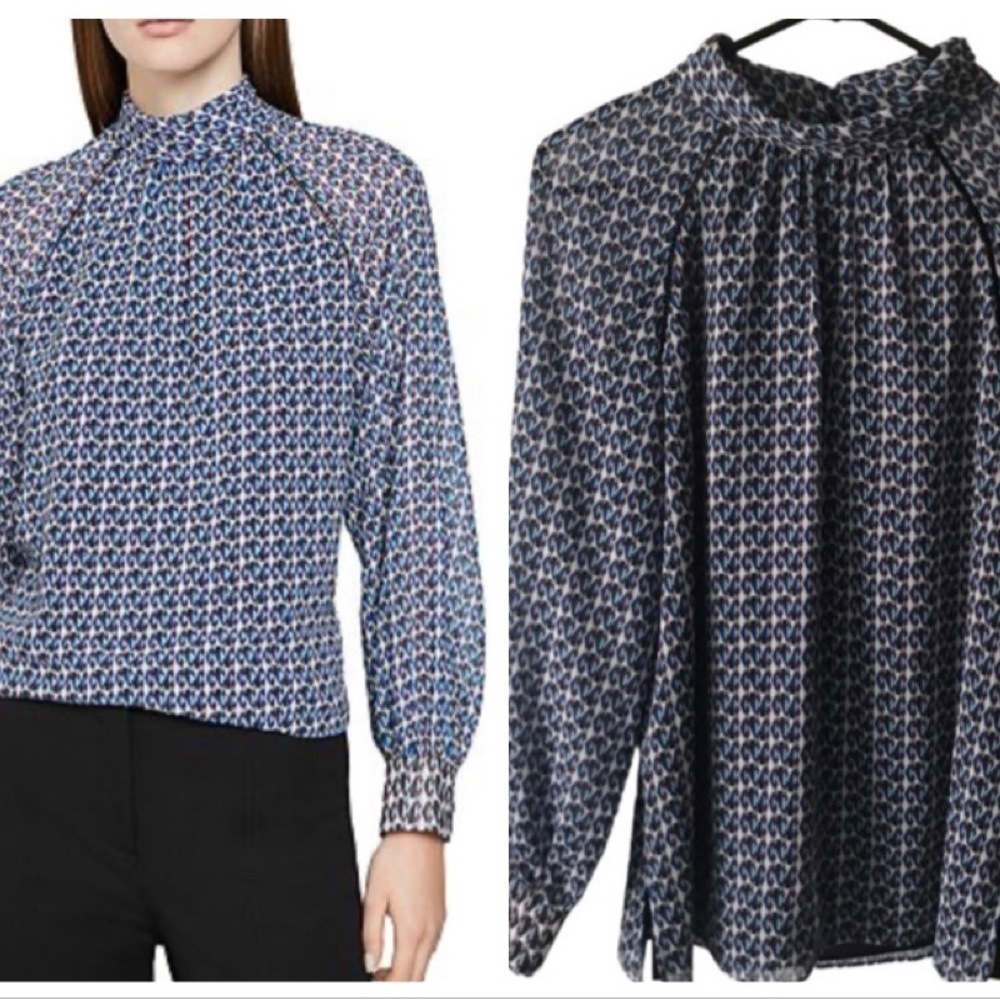 Reiss Long Sleeve Round Neck Blouse Size 2 Blue, Black